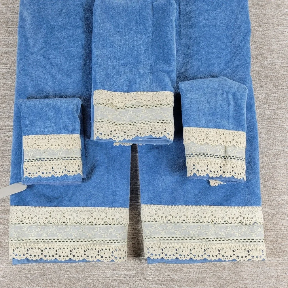 Caldwell Tara Towel Set 5 Pc Blue Crochet Lace Trim Eyelet Cottagecore NWT